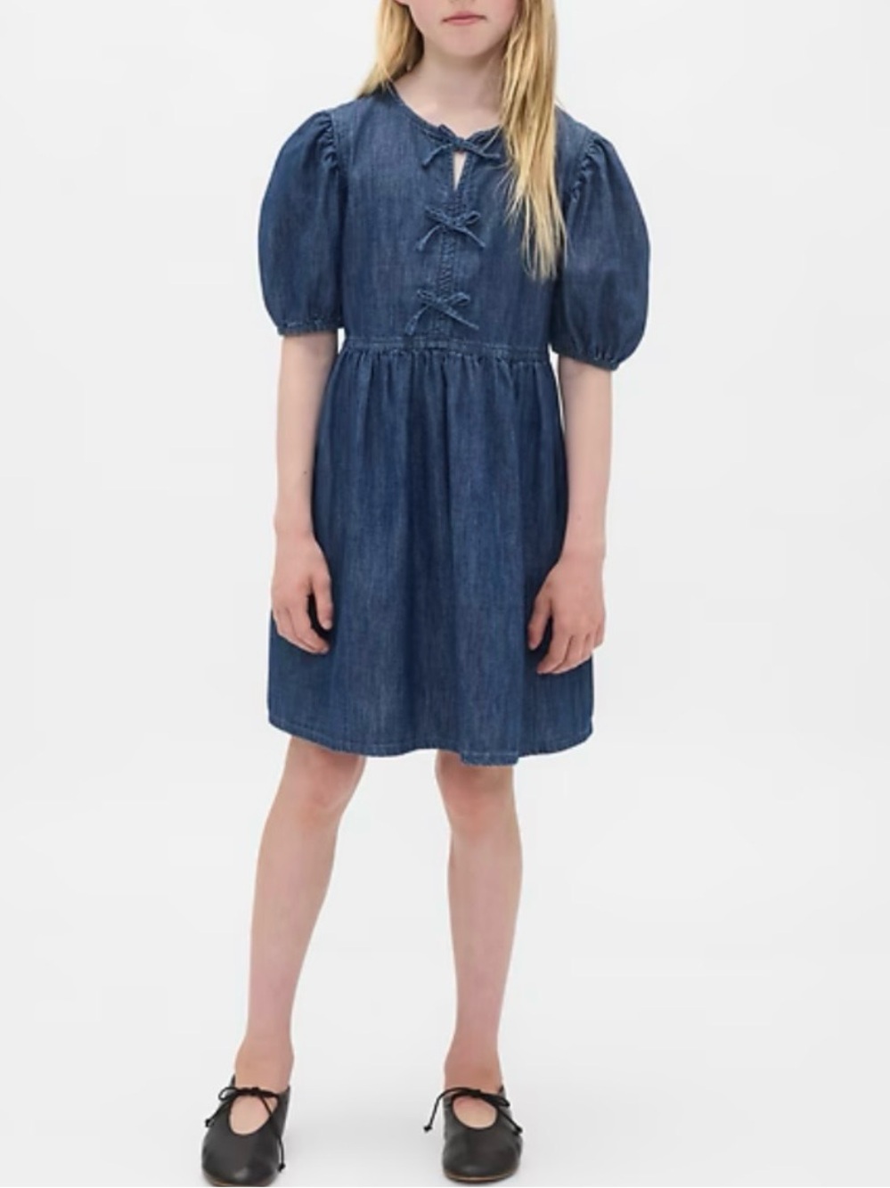 GAP Kids Denim Puff-Sleeve Bow Dress in Medium Wash, Girls XXL 14-16